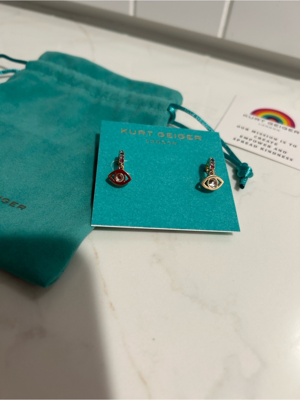Kurt Geiger London Evil Eye crystal huggie hoop earrings dustbag,carecard NWT - Picture 3 of 4